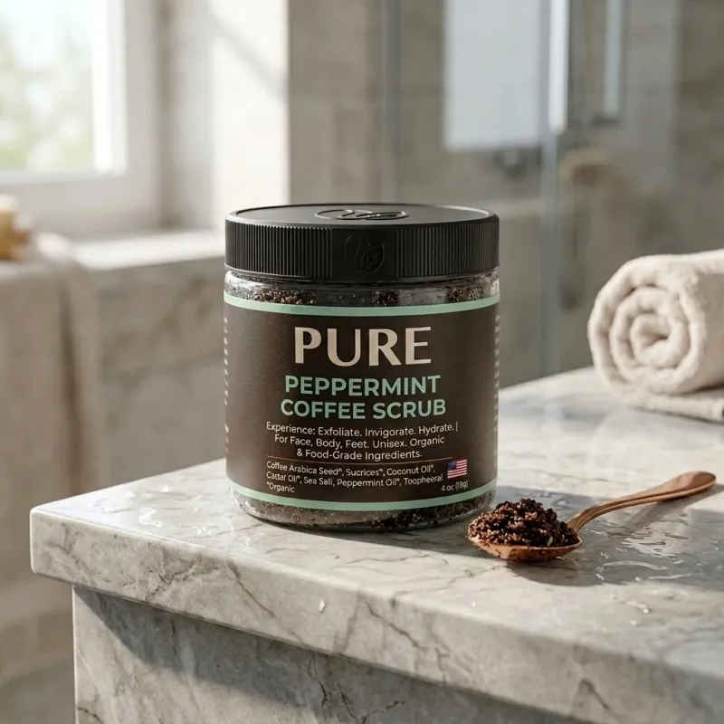 The Pure peppermint coffee scrub mockup inside the Dough app
