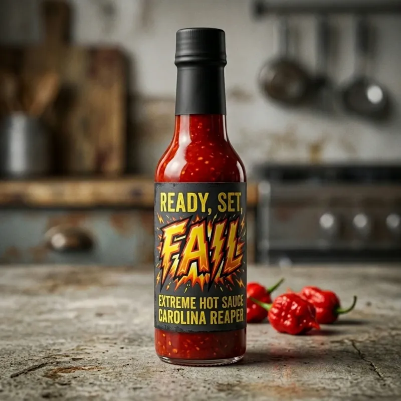 The Ready, Set, Fail hot sauce bottle mockup inside the Dough app