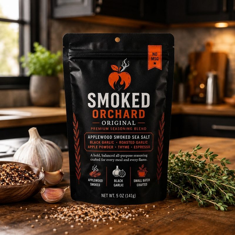 The Smoked Orchard seasoning pouch mockup inside the Dough app