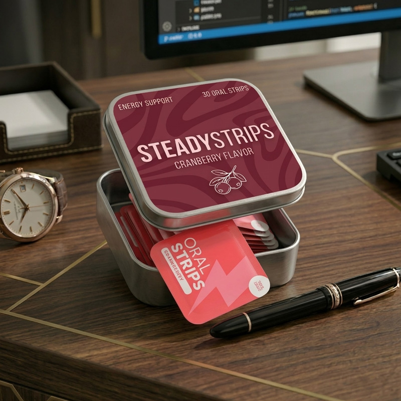 The Steady Strips tin mockup inside the Dough app